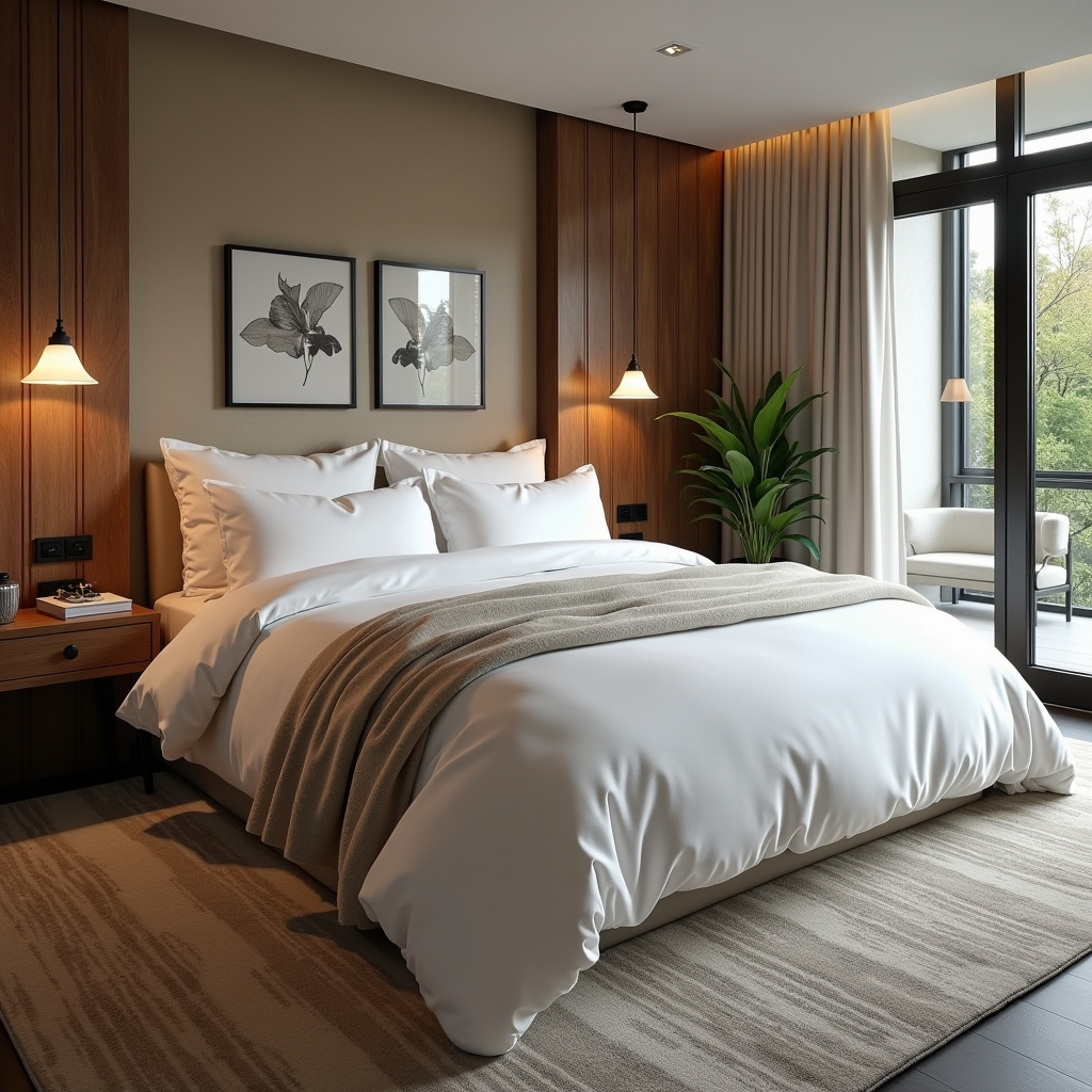 Modern luxury bedding with natural wood accent wall